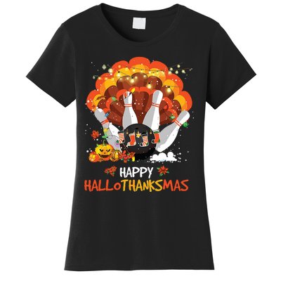 Bowling Halloween And Merry Christmas Happy Hallothanksmas Women's T-Shirt