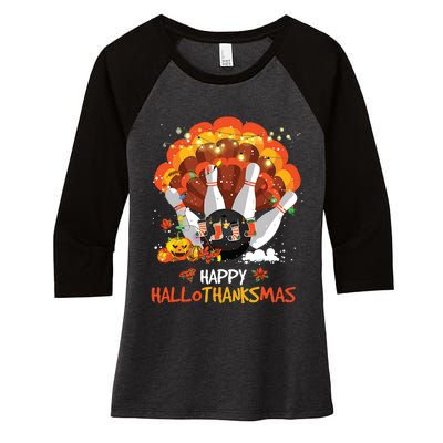 Bowling Halloween And Merry Christmas Happy Hallothanksmas Women's Tri-Blend 3/4-Sleeve Raglan Shirt