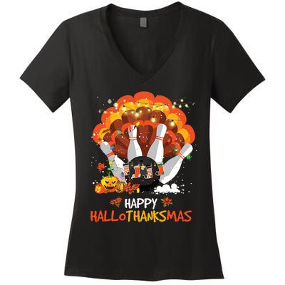 Bowling Halloween And Merry Christmas Happy Hallothanksmas Women's V-Neck T-Shirt