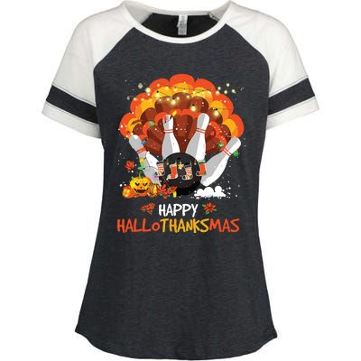 Bowling Halloween And Merry Christmas Happy Hallothanksmas Enza Ladies Jersey Colorblock Tee