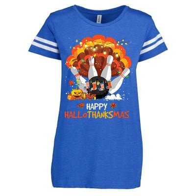 Bowling Halloween And Merry Christmas Happy Hallothanksmas Enza Ladies Jersey Football T-Shirt