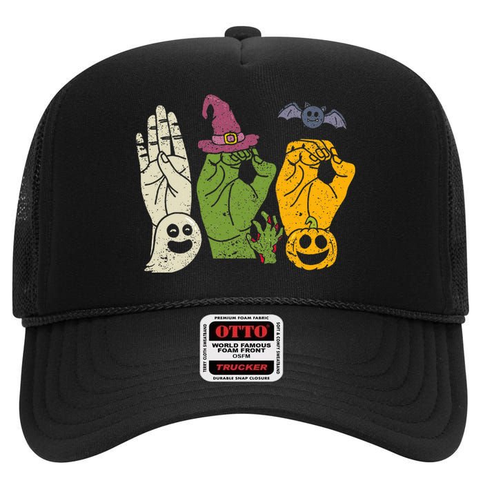 Boo Hands American Sign Language Pride Asl Halloween Witch High Crown Mesh Back Trucker Hat