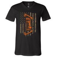 Bow Hunting American Flag Hunter Archery Tree Camouflage V-Neck T-Shirt