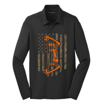 Bow Hunting American Flag Hunter Archery Tree Camouflage Silk Touch Performance Long Sleeve Polo