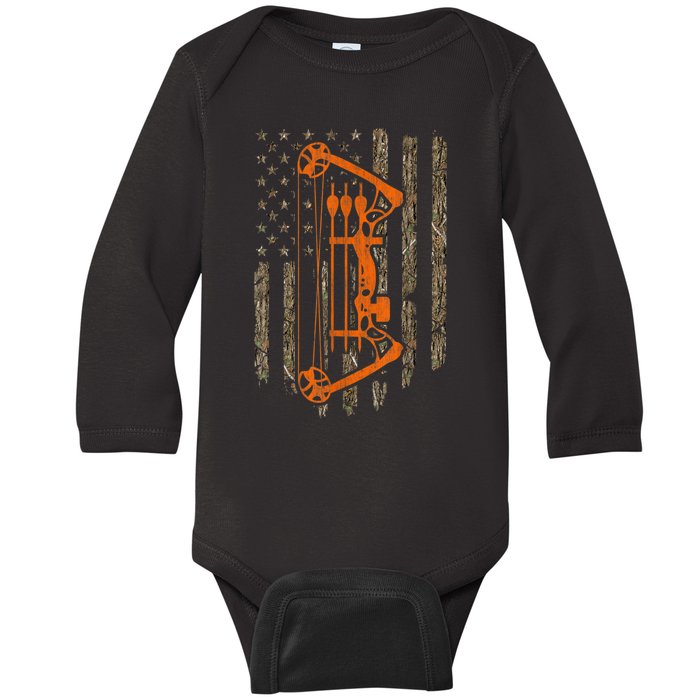 Bow Hunting American Flag Hunter Archery Tree Camouflage Baby Long Sleeve Bodysuit