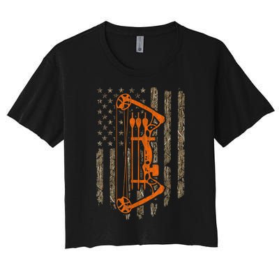 Bow Hunting American Flag Hunter Archery Tree Camouflage Women's Crop Top Tee