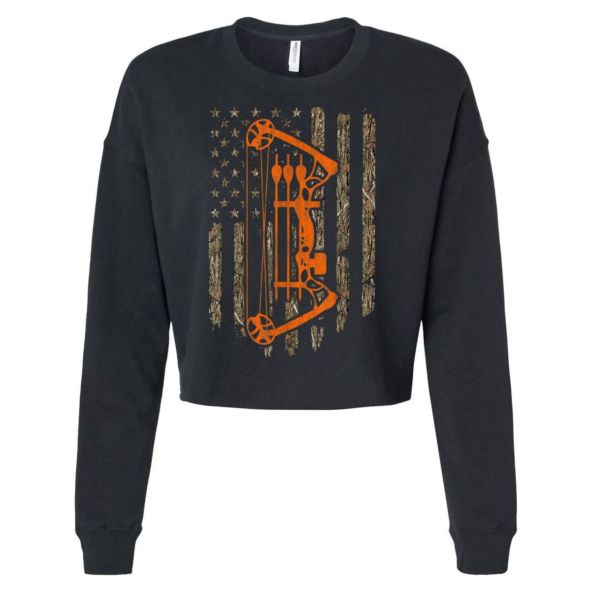 Bow Hunting American Flag Hunter Archery Tree Camouflage Cropped Pullover Crew