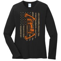 Bow Hunting American Flag Hunter Archery Tree Camouflage Ladies Long Sleeve Shirt