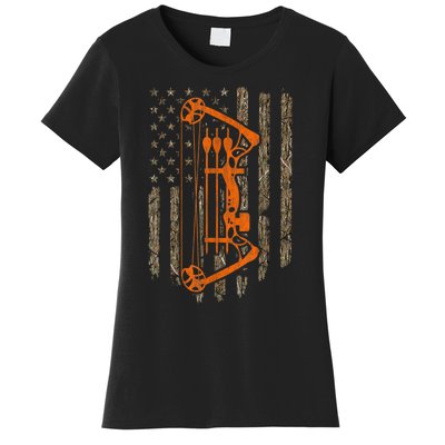 Bow Hunting American Flag Hunter Archery Tree Camouflage Women's T-Shirt