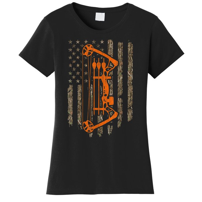 Bow Hunting American Flag Hunter Archery Tree Camouflage Women's T-Shirt