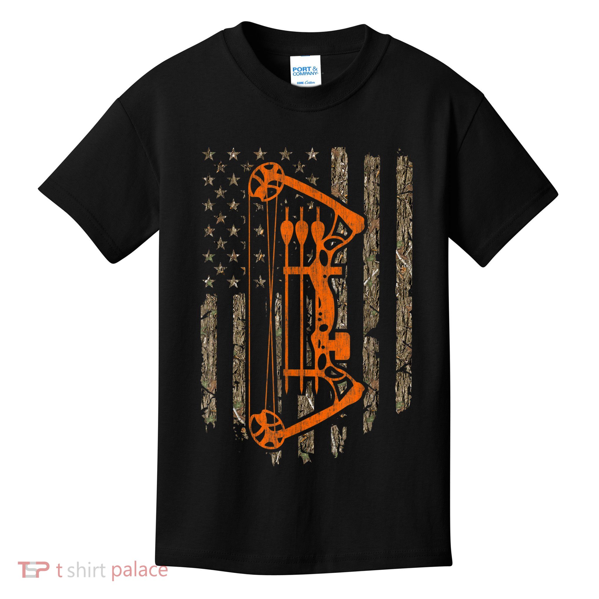 Bow Hunting American Flag Hunter Archery Tree Camouflage Kids T-Shirt