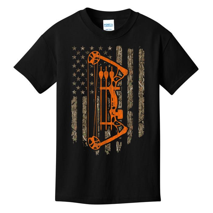 Bow Hunting American Flag Hunter Archery Tree Camouflage Kids T-Shirt