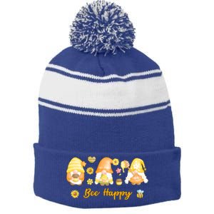 Bee Happy Beekeeping Honey Bee Gnome Gift Stripe Pom Pom Beanie