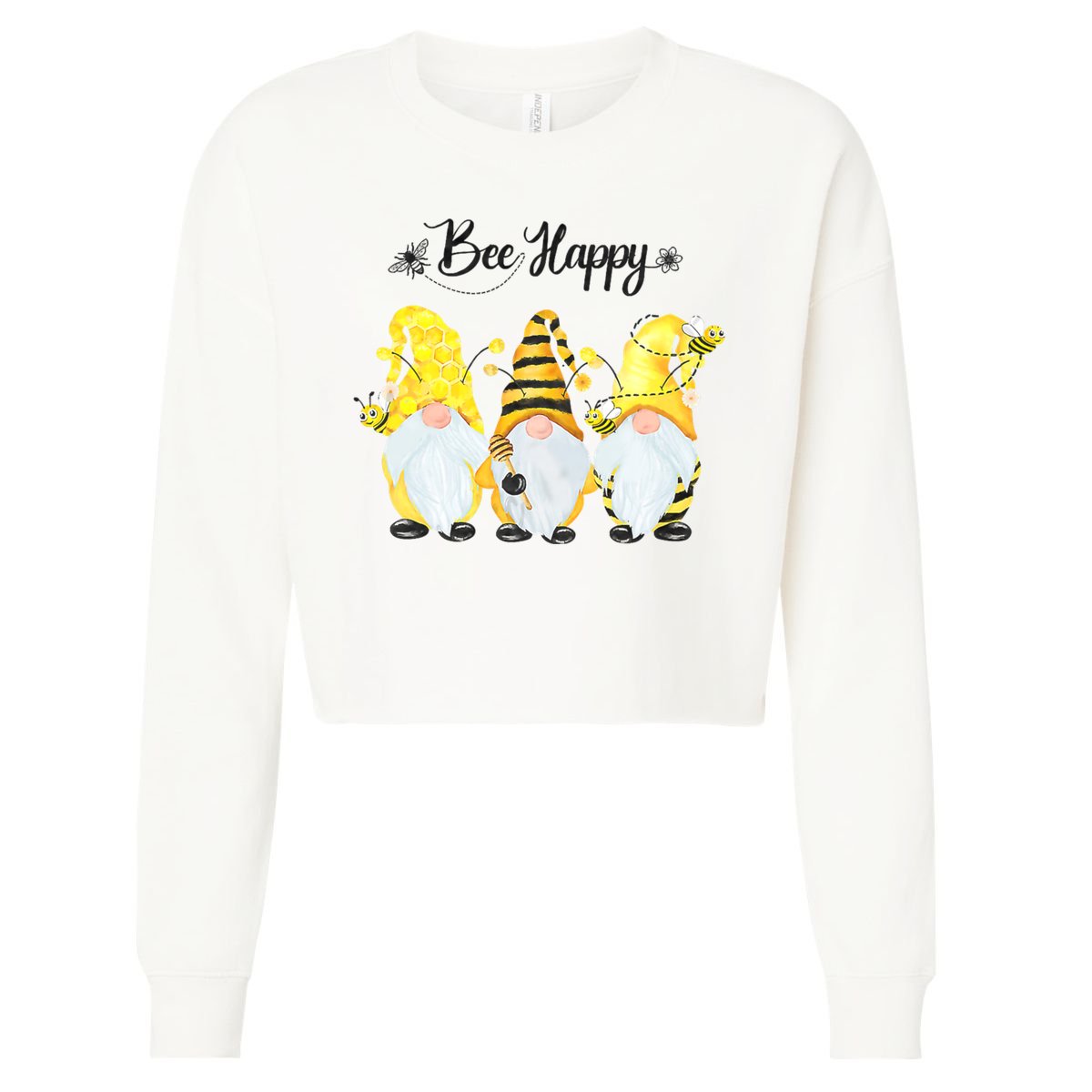 Bee Happy Bee Gnome Spring Cropped Pullover Crew
