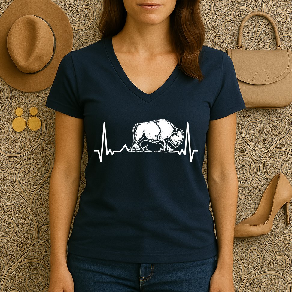 Bison Heartbeat Buffalo Women's V-Neck T-Shirt