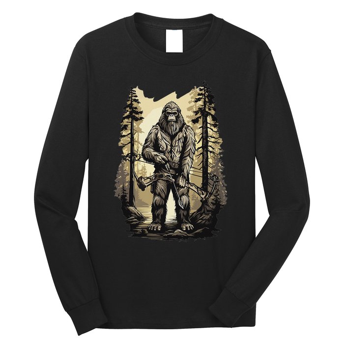 Bow Hunting Bigfoot Funny Bow Hunting Sasquatch Hunting Long Sleeve Shirt