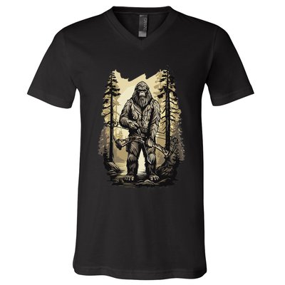 Bow Hunting Bigfoot Funny Bow Hunting Sasquatch Hunting V-Neck T-Shirt