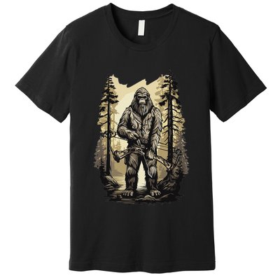 Bow Hunting Bigfoot Funny Bow Hunting Sasquatch Hunting Premium T-Shirt