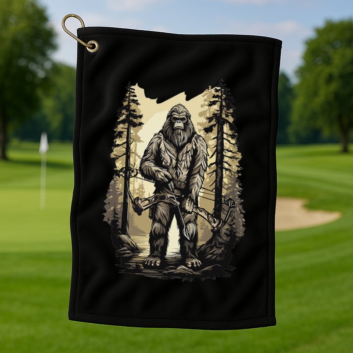 Bow Hunting Bigfoot Funny Bow Hunting Sasquatch Hunting Golf Towel