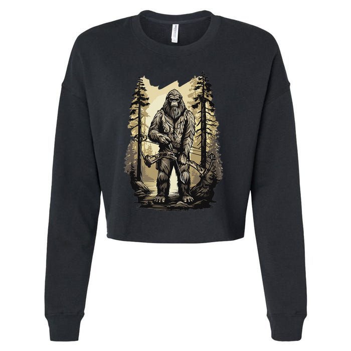 Bow Hunting Bigfoot Funny Bow Hunting Sasquatch Hunting Cropped Pullover Crew