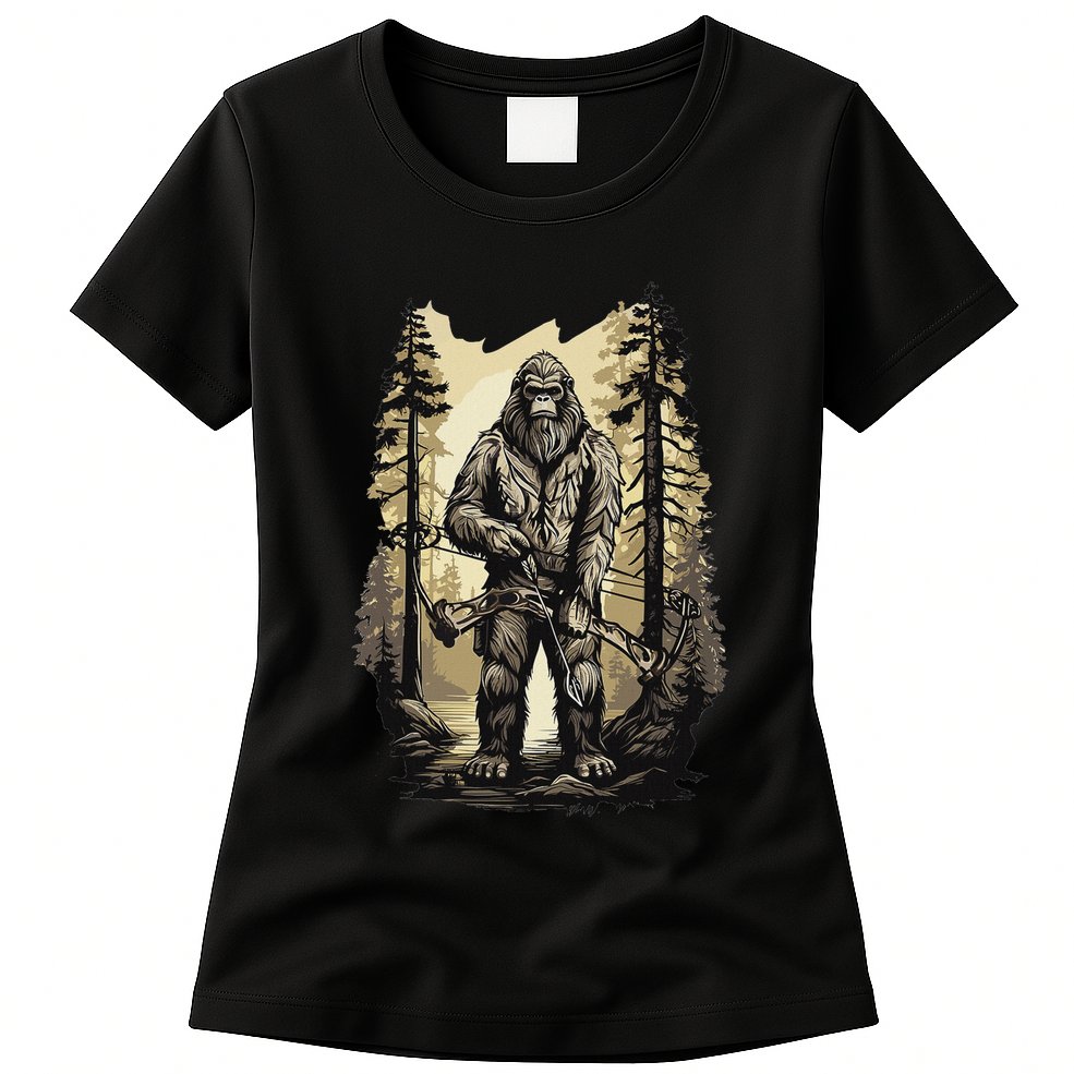 Bow Hunting Bigfoot Funny Bow Hunting Sasquatch Hunting Womens T-Shirt