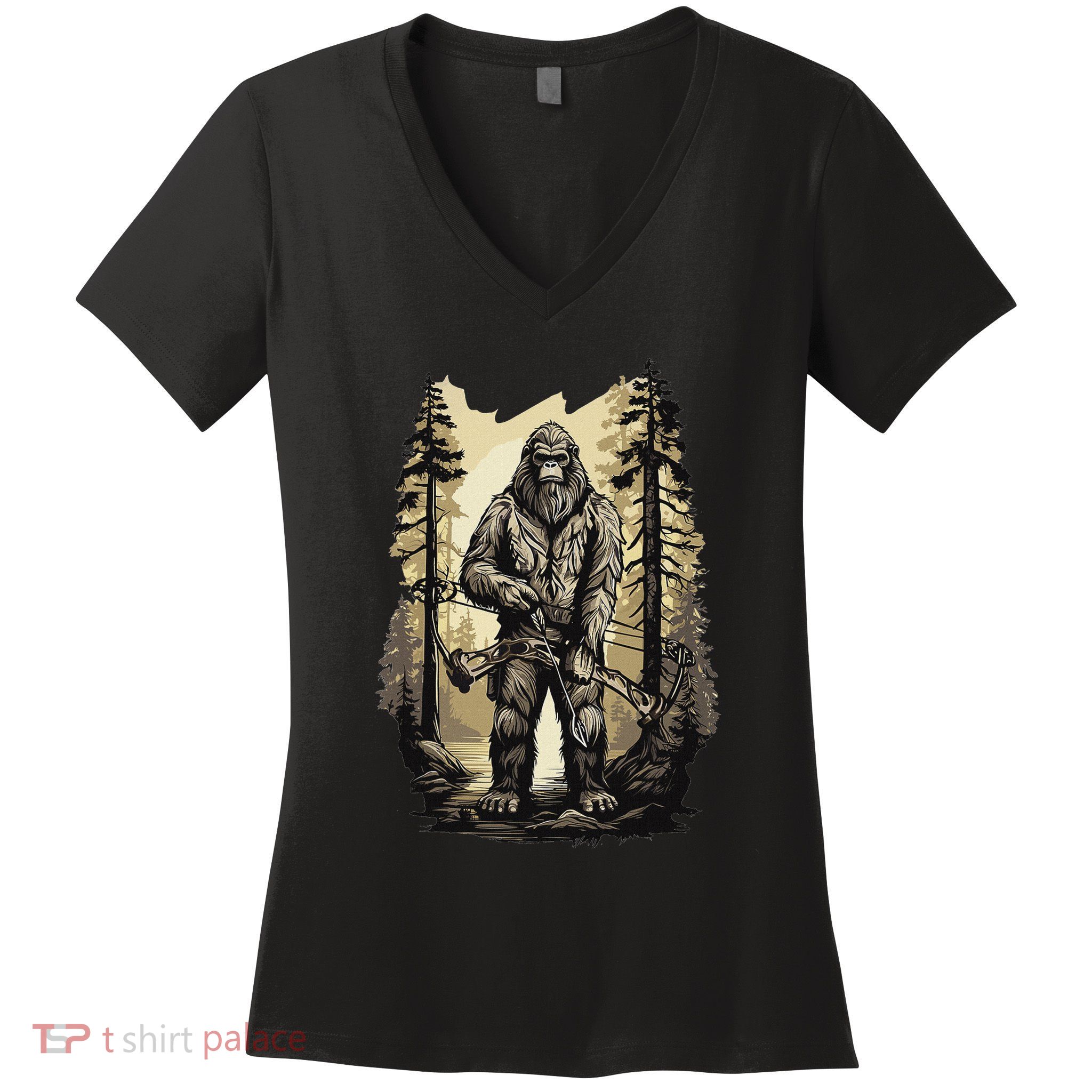 Bow Hunting Bigfoot Funny Bow Hunting Sasquatch Hunting Women's V-Neck T-Shirt