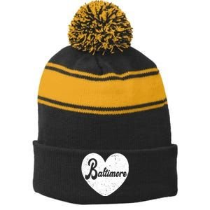 Baltimore Heart Baseball Sports Fan Stripe Pom Pom Beanie