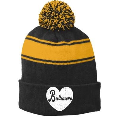 Baltimore Heart Baseball Sports Fan Stripe Pom Pom Beanie