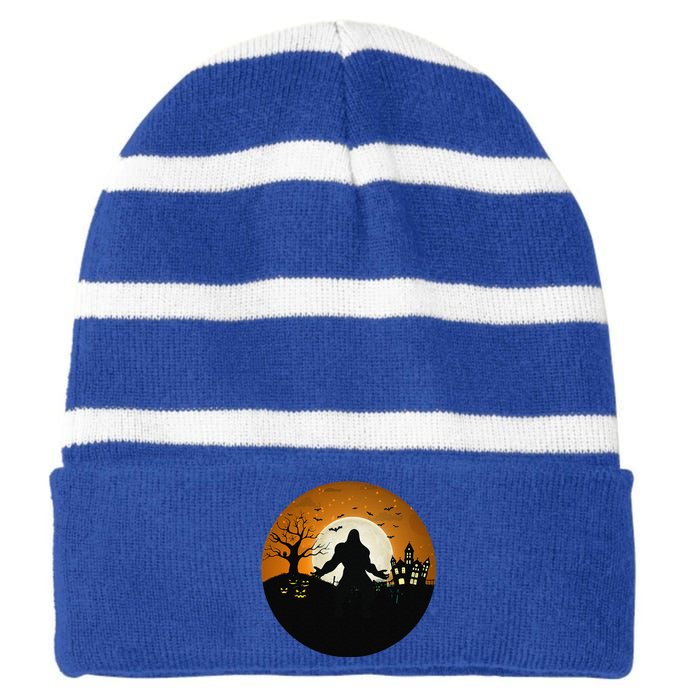 Bigfoot Halloween Bigfoot Night Stroll Bigfoot In Graveyard Striped Beanie with Solid Band