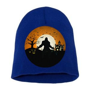 Bigfoot Halloween Bigfoot Night Stroll Bigfoot In Graveyard Short Acrylic Beanie