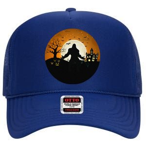 Bigfoot Halloween Bigfoot Night Stroll Bigfoot In Graveyard High Crown Mesh Back Trucker Hat