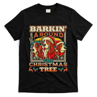 Basset Hound Barkin Around The Christmas Tree Dog Santa T-Shirt