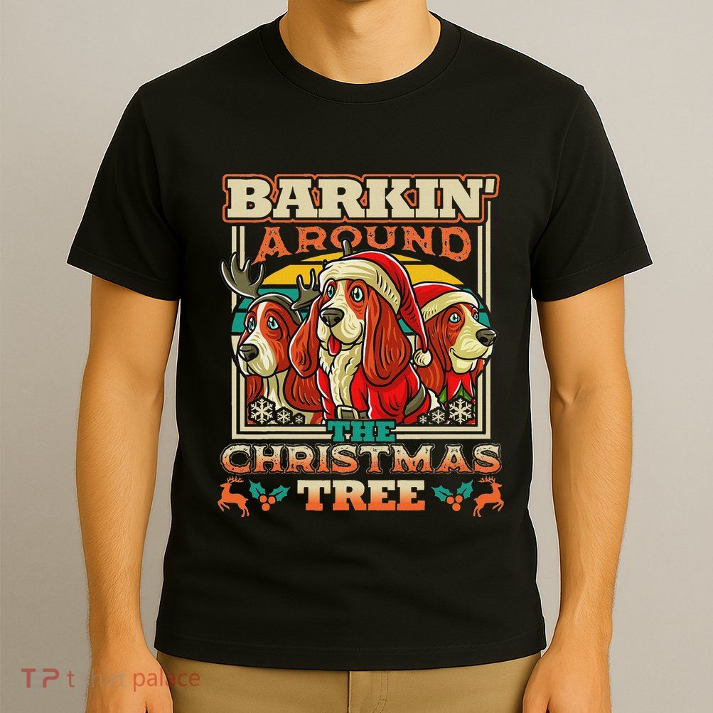 Basset Hound Barkin Around The Christmas Tree Dog Santa T-Shirt