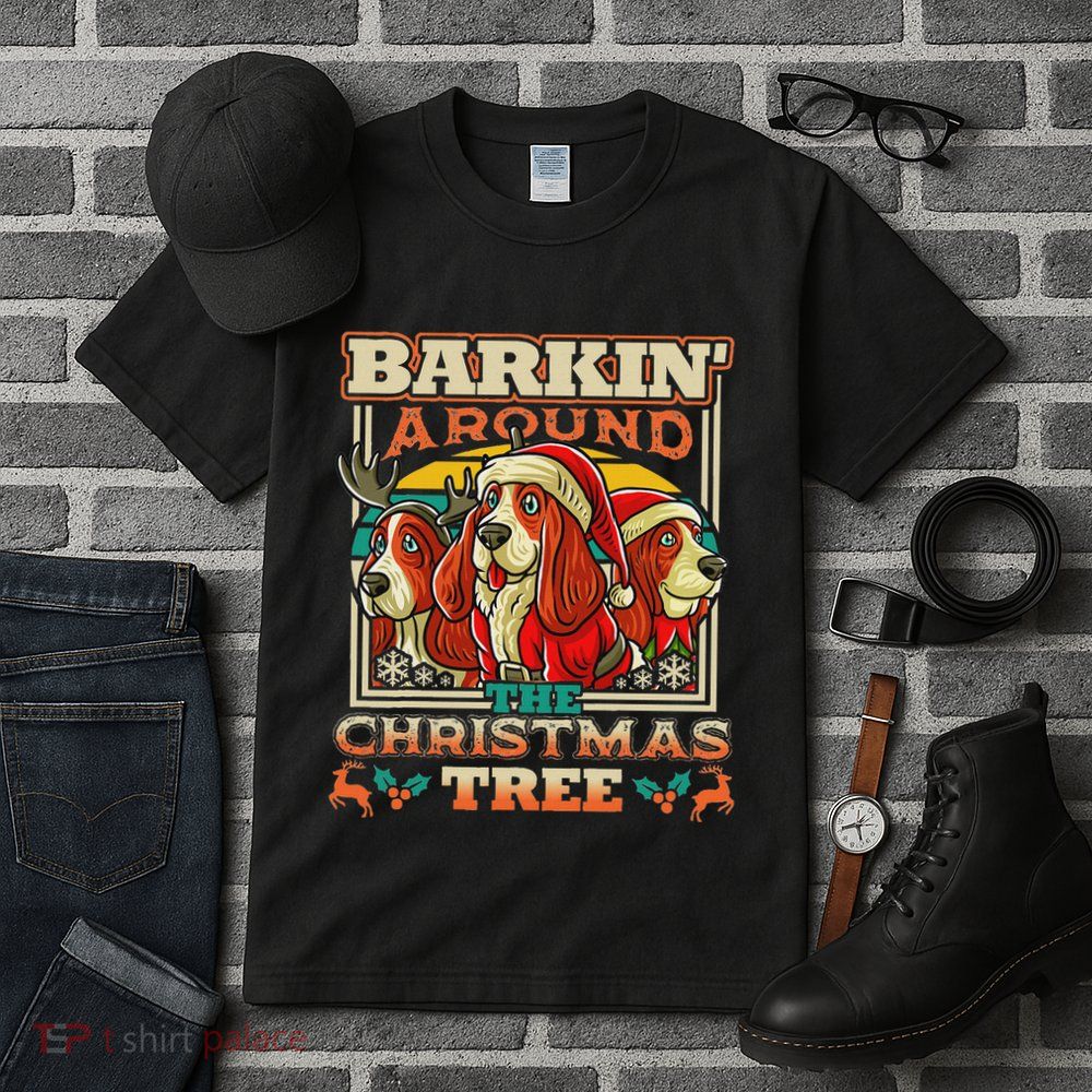 Basset Hound Barkin Around The Christmas Tree Dog Santa Tall T-Shirt
