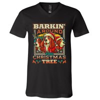 Basset Hound Barkin Around The Christmas Tree Dog Santa V-Neck T-Shirt