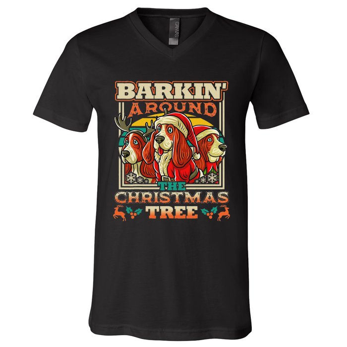 Basset Hound Barkin Around The Christmas Tree Dog Santa V-Neck T-Shirt