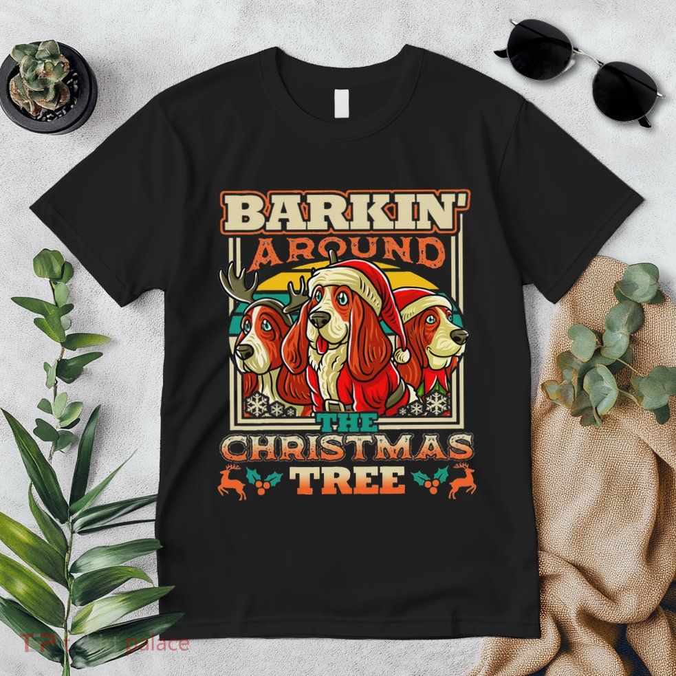 Basset Hound Barkin Around The Christmas Tree Dog Santa Premium T-Shirt