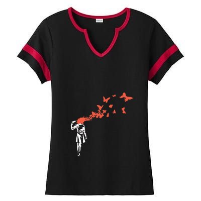 Banksy Headshot Butterfly Ladies Halftime Notch Neck Tee