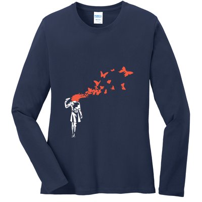 Banksy Headshot Butterfly Ladies Long Sleeve Shirt