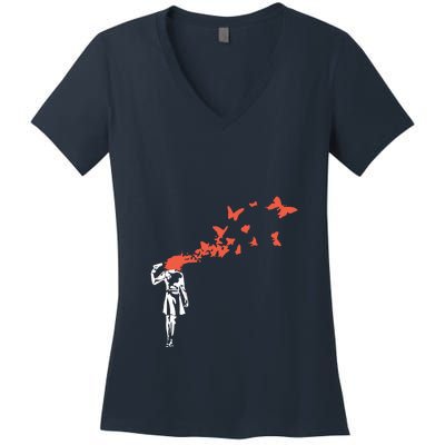 Banksy Headshot Butterfly Women's V-Neck T-Shirt