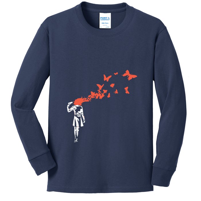 Banksy Headshot Butterfly Kids Long Sleeve Shirt