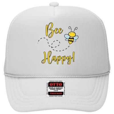 Bee Happy Bumblebee Cute Gift High Crown Mesh Back Trucker Hat