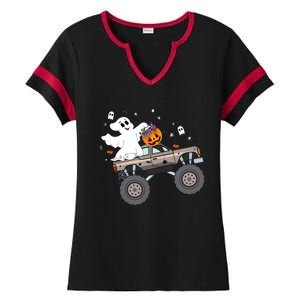 Boo Halloween Boo Ghost Riding Monster Truck Carved Pumpkins Gift Ladies Halftime Notch Neck Tee