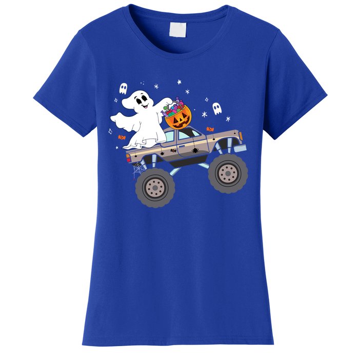 Boo Halloween Boo Ghost Riding Monster Truck Carved Pumpkins Gift Women's T-Shirt