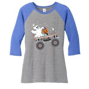 Boo Halloween Boo Ghost Riding Monster Truck Carved Pumpkins Gift Women's Tri-Blend 3/4-Sleeve Raglan Shirt