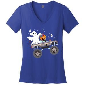 Boo Halloween Boo Ghost Riding Monster Truck Carved Pumpkins Gift Women's V-Neck T-Shirt