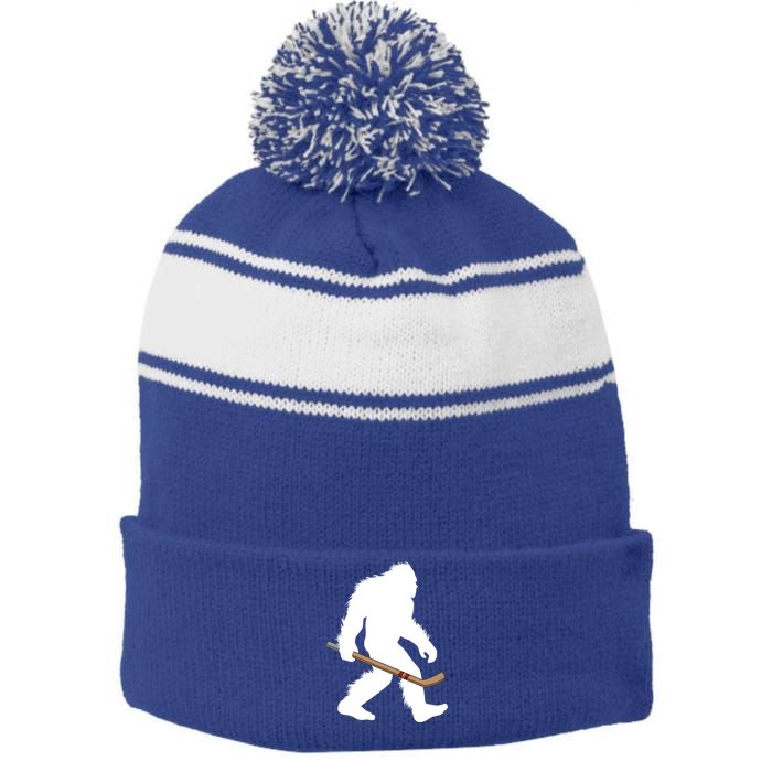 Bigfoot Hockey Cryptid Sasquatch Sport Player Gift Stripe Pom Pom Beanie