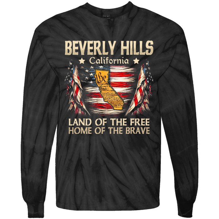 Beverly Hills California Usa Flag 4th Of July Tie-Dye Long Sleeve Shirt