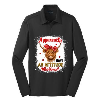 Bleached Highland Cow Apparently I Have An Attitude Who Knew Silk Touch Performance Long Sleeve Polo