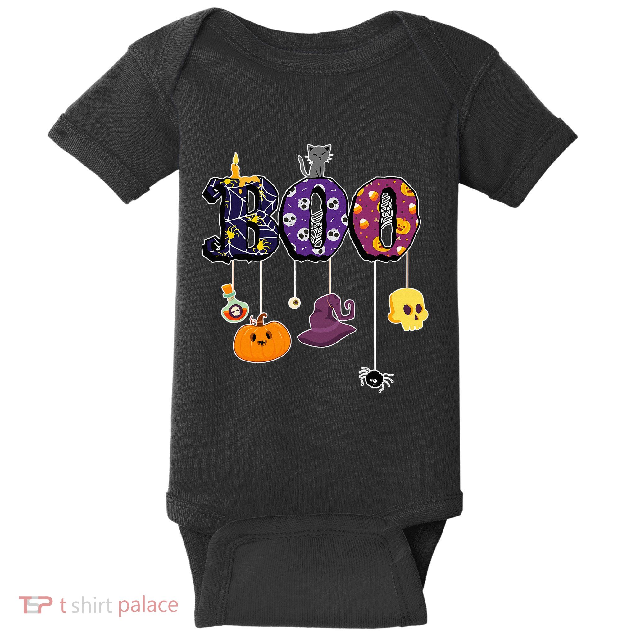 Boo Halloween Costume Spiders Ghosts Pumkin & Witch Hat Baby Bodysuit